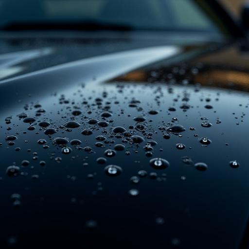 Water beading on a freshly waxed car hood.
